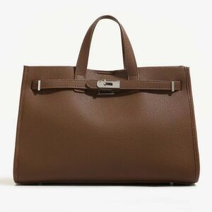 Coffee Brown Pebbled Tote Bag with Silver-Tone Accent